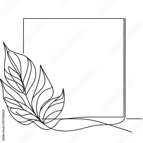 Minimalist line art square frame with decorative leaf, black and white botanical border with copy space