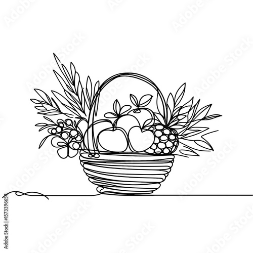 One-line drawing of a fruit basket with apples, grapes and leaves, black and white harvest illustration with copy space