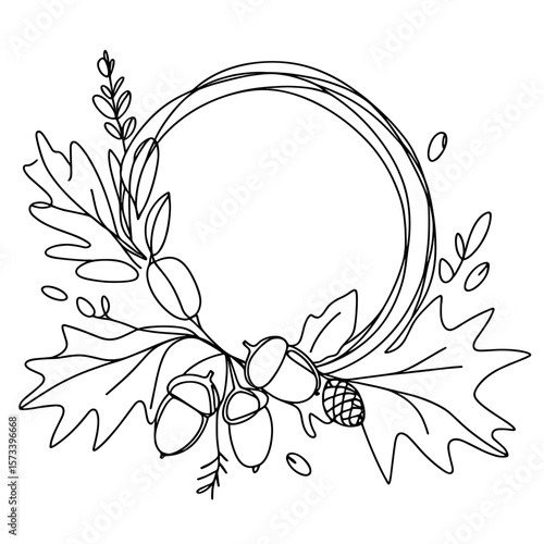Hand-drawn acorn and oak leaf wreath illustration in black and white, autumn botanical frame with copy space