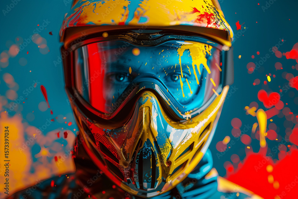Obraz premium Dynamic paintball player in action with vibrant splashes of color - Generative AI artwork