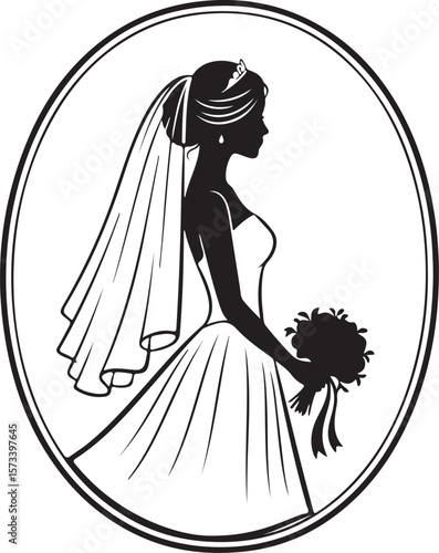 A beautiful cartoon woman in a wedding dress holding a bouquet, her silhouette a symbol of love and fashion