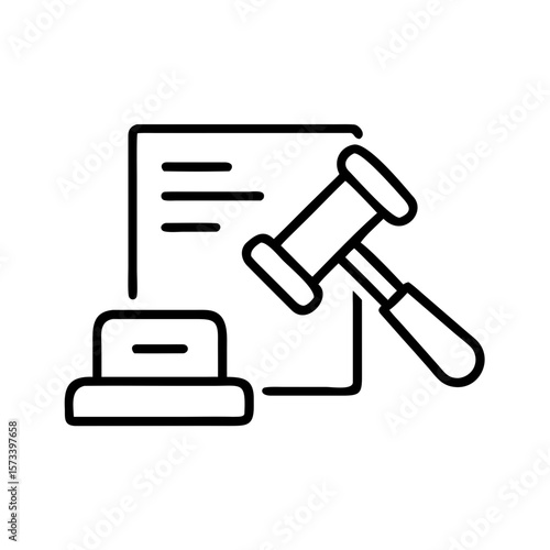 Legal gavel on document with stamp in minimal line art style  