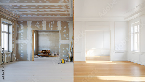 Split image showing a room under construction on the left and a beautifully renovated room on the right
