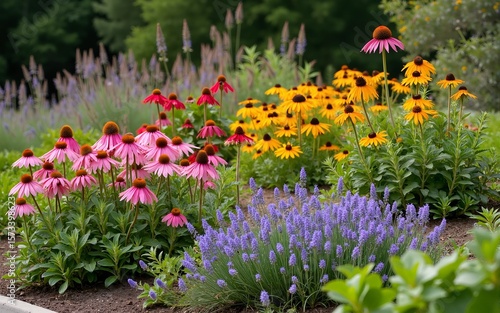 A xeriscape garden with a wide variety of hardy, drought tolerant plants, including Echinacea, Coneflowers, Gaillardia, Geranium rozanne, Poker plants and more. High quality