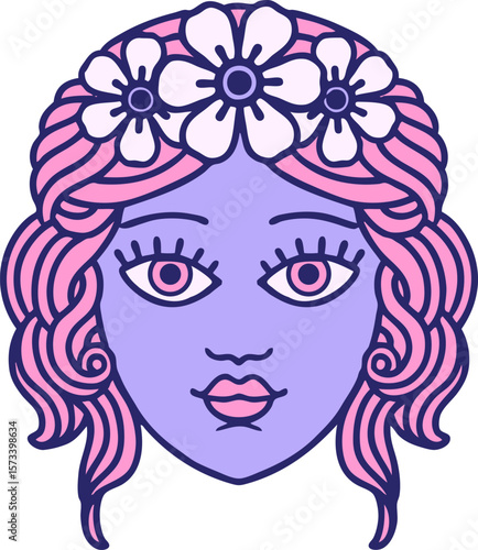 iconic tattoo style image of female face with crown of flowers in bright neon color