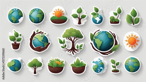 Collection of earth and nature themed stickers including globes, plants, trees, and a sun icon