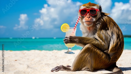 Funny monkey relaxing on a tropical beach with sunglasses and a refreshing summer drink.