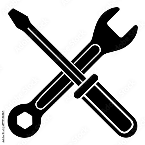 Black and white crossed wrench and screwdriver repair tools icon graphic