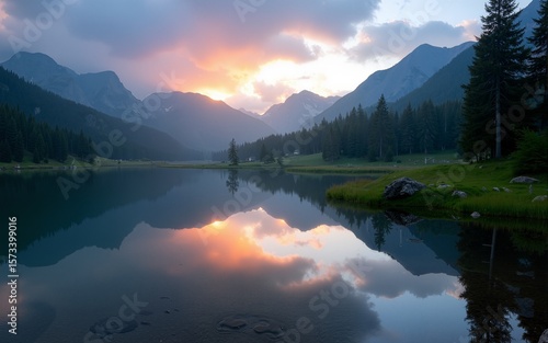 Tatra National Park, a lake in the mountains at the dawn of the sun. Poland. High quality