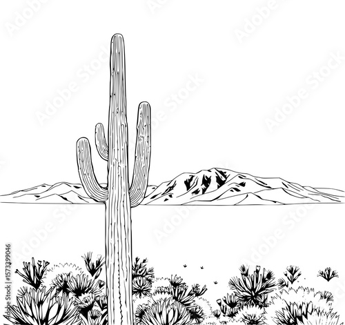 Saguaro Cactus Desert Landscape: A striking monochrome line art illustration showcases a towering saguaro cactus in a serene desert panorama, complete with desert flora and distant mountains.