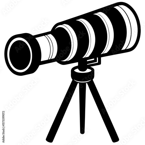 Black and white illustration powerful telescope tripod exploration discovery science vector graphic