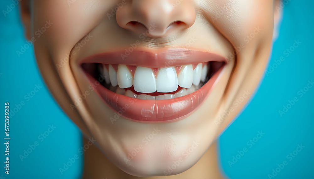 Obraz premium A close-up of natural white teeth against a soft blue background, representing dental health and confidence.