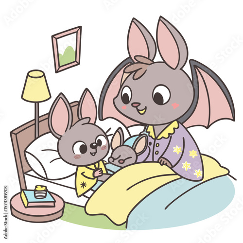A loving mother bat tucks her two adorable baby bats into bed for the night creating a heartwarming scene of family bedtime and parental care