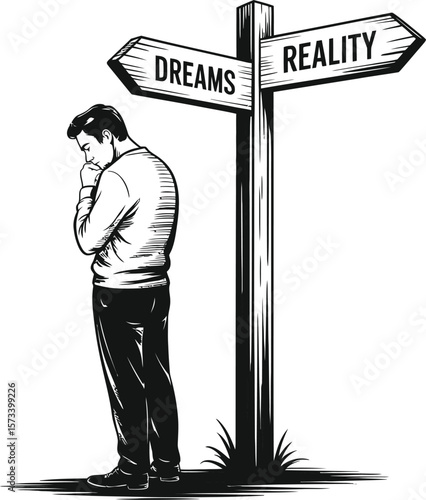 Man at Crossroads Sign - Dreams vs Reality Life Decision Concept Illustration