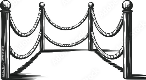 Decorative rope barrier with wooden posts and spheres isolated on white background