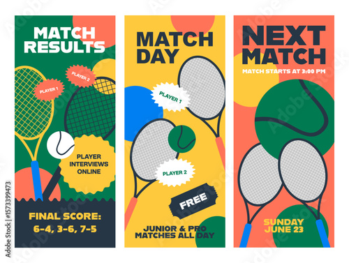 Tennis game invitation vertical banner template with upcoming match dates and player interviews for a public event