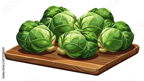   close up Small organic Brussels sprouts, tightly closed and leafy, roll beside a wooden board, each one capturing the complexity of miniature cabbage textures in stunning natural light. White 
