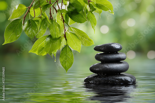 Serene Stack of Four Smooth Black Zen Stones Floating on Calm Water with Lush Green Leaves black stones