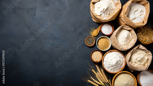 Dark moody flatlay: assorted flours, grains, and seeds on rustic black background; copy space.