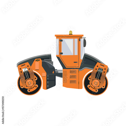 Vector illustration of construction road roller machine isolated on white background. Heavy equipment used for asphalt paving, road building, and surface compaction.