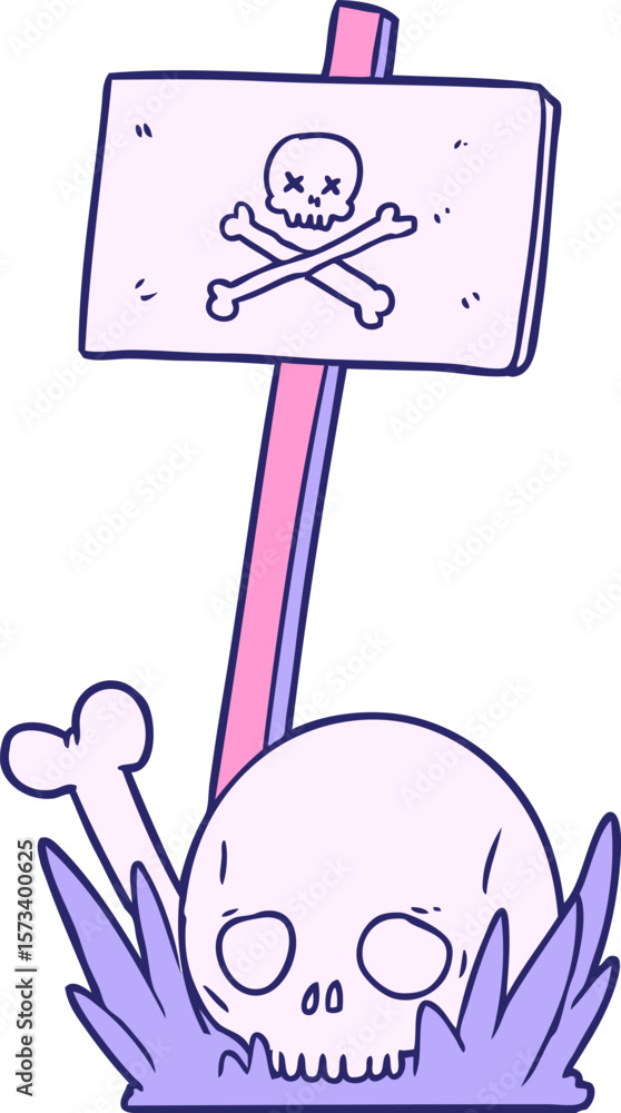 Fototapeta premium cartoon skull bones and warning sign in bright neon color