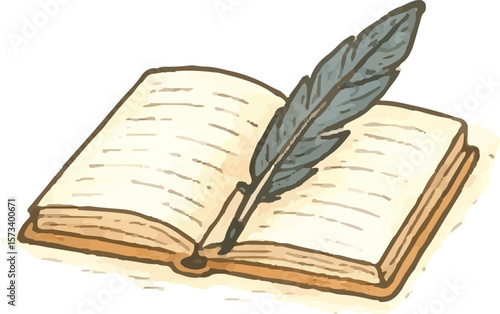 Open vintage book with blank pages and feather quill pen on top, symbolizing classic writing, creativity, and knowledge. Perfect for literary, academic, or storytelling-themed visuals.
