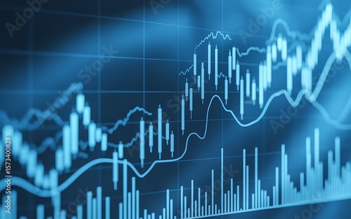 Blue financial chart illustrates stock market data with candle sticks and line graph for business analytics.
