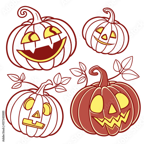 Four halloween pumpkins with different facial expressions and vine details on a white background image