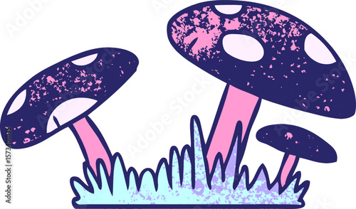 hand drawn textured cartoon doodle of a toad stool in bright neon color