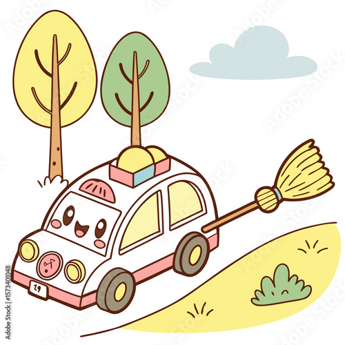 Cute cartoon ambulance with a broom attached to the side driving on a grassy hill with two trees and a cloud in the background whimsical and cheerful illustration