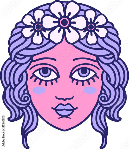 iconic tattoo style image of female face with crown of flowers in bright neon color