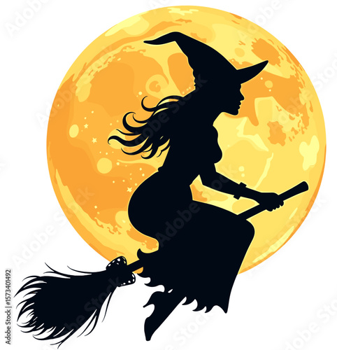 Silhouette of a witch flying on a broomstick in front of a full moon on a white background with copy space
