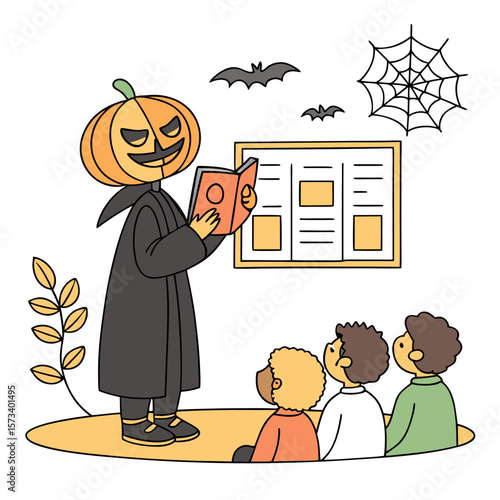 Pumpkin headed teacher reading a book to students with bats and a spiderweb in the background art