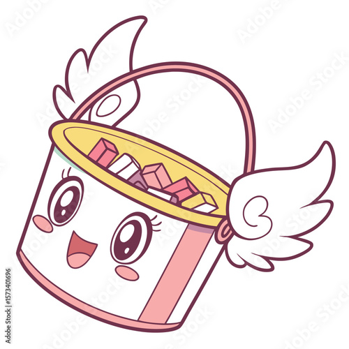 Adorable kawaii cartoon bucket filled with colorful candies and adorned with cute wings flying happily with a cheerful expression and rosy cheeks perfect for sweet treats and holiday themes