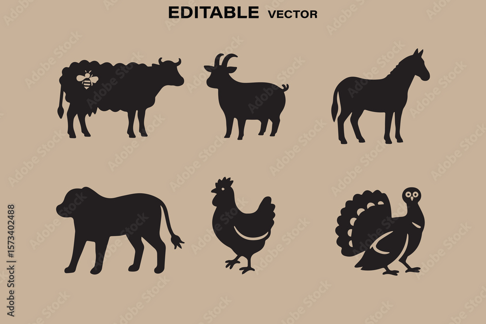 Obraz premium Collection of black silhouettes of farm animals and a bee on a tan background