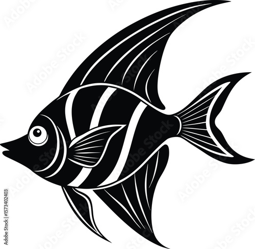 Elegant black angelfish with white stripes and flowing fins silhouette