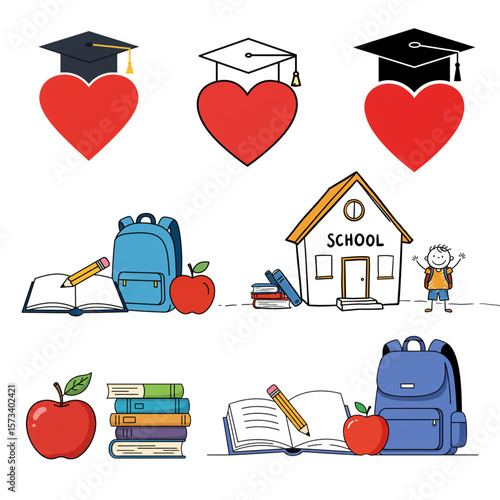 Colorful back to school design featuring graduation caps, hearts, books, and schoolhouses for educational projects and creative classroom themes.