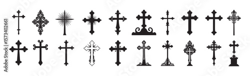 Ornamental Christian Cross Vector Icons Set for Religious Design and Memorial Art. Set of Christian cross liner and silhouette, Religious cross icon illustration