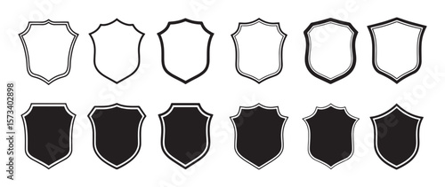 Blank Shield Badge Vector Icons Collection for Logo Design and Emblem Templates. Shield Silhouette icon set. Protect shield security line icons. Badge quality symbol, sign, logo or emblem