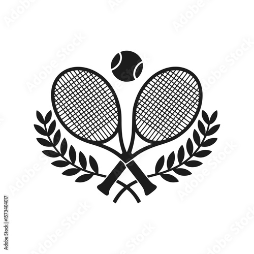 Tennis rackets and ball with laurel wreath emblem