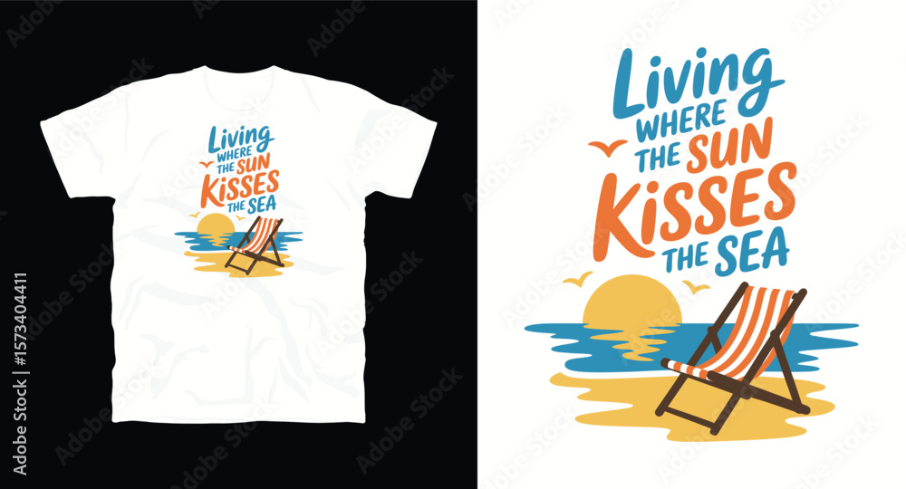 Fototapeta premium Living where the sun kisses the sea, travel typography vector graphic t-shirt design print