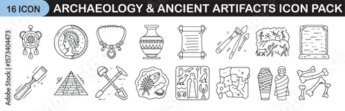 Outline icon set of archaeology and ancient artifacts - Linear icons depicting archaeological tools and historical relics such as scrolls, pottery, pyramids, fossils, mummies, and ancient symbols.
