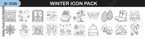 Outline icon set of winter and seasonal elements - Linear icons representing winter themes including snowflakes, mittens, hats, pinecones, snowmen, boots, sleds, scarves, and holiday decorations.
