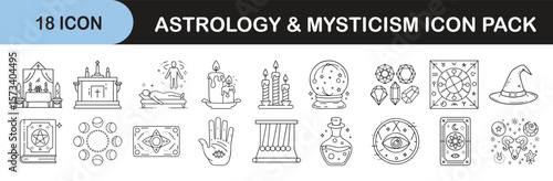 Outline icon set for astrology and mysticism symbols - Linear icons featuring mystical and astrological elements like tarot cards, crystals, zodiac signs, palmistry, altars, and magic tools.
