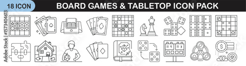 Outline icon set for board games and tabletop activities - Linear icons representing classic board games, tabletop pieces, dice, cards, game boards, tokens, and strategy-based indoor games.
