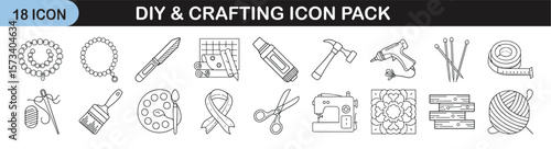 Outline icon set for DIY and crafting tools - Linear icons representing arts, crafts, and DIY materials such as scissors, glue, sewing machine, yarn, paintbrush, palette, and fabric patterns.

