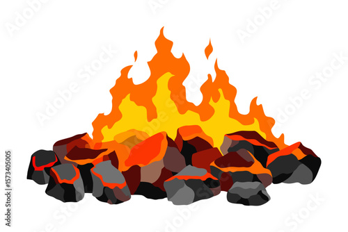 Burning coal. Realistic bright flame fire on coals heap. Closeup vector illustration for grill blaze fireplace, hot carbon or glowing charcoal image