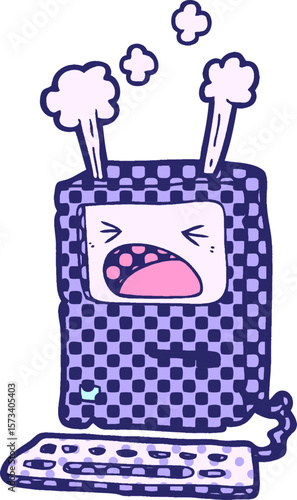 cartoon overheating computer in bright neon color