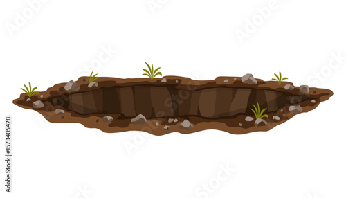 Hole ground. Works digging of sand coal waste rock or gravel. Brown, dry mine element of landscape. Cartoon illustration