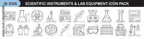 Scientific Instruments and Lab Equipment Icon Set for Research and Education - Line icon pack of 20 illustrations showing laboratory tools, scientific gear, and research equipment used in chemistry, b